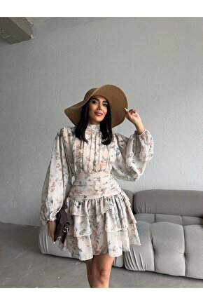 Dik Yakalı Drapeli Sırt Detaylı Çiçek Desenli Kahve Mini Şifon Elbise