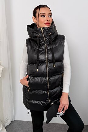 Kadın Uzun Siyah Kapüşonlu Şişme Yelek – Astronot Yaka, Su Geçirmez, Oversize