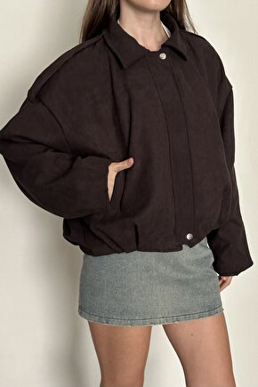 Kadın Oversize Süet Kahverengi Bomber Ceket - Yeni Sezon Günlük Şık Mont