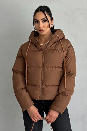 Kadın Kapüşonlu Şişme Mont - Yakası Bağcıklı