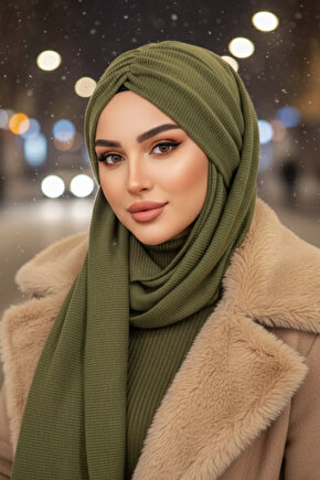 Haki Triko Kelebek Model Büzgülü Bone Şal