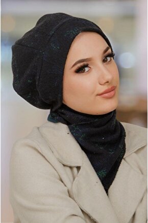 Siyah Yeşil Desen Tesettür Bere ve Etol Takım