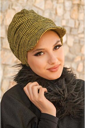 Hardal Siyah Ekose Desen Tesettür Şapka