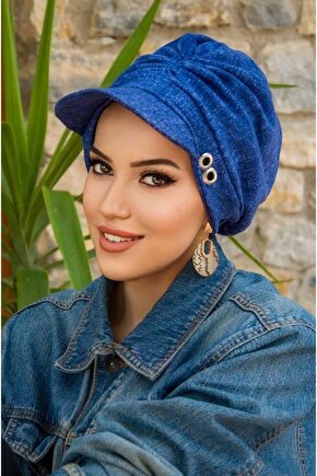 Kot Mavi Desen Metal Detaylı Tesettür Şapka Bone