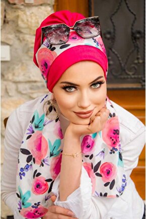 Fuşya Çiçek Desen Fularlı Bone