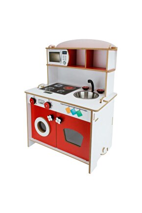 Pratik Hamarat Ahşap Mutfak - Ahşap Çocuk Mutfağı - Mutfak Seti - Kapaklı Mutfak - Kırmızı