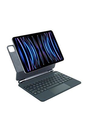 İpad Pro 11 Uyumlu Manyetik Magic Keyboard Katlanır Işıklı Klavyeli Tablet Kılıf+ Dokunmatik Kalem