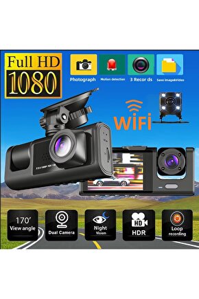WİFİ Lİ 3 KAMERALI ARAÇ İÇİ KAMERA KAYIT CİHAZI 3 LENS CARDVR DASH CAM ÖN İÇ VE GERİ GÖRÜŞ KAMERASI