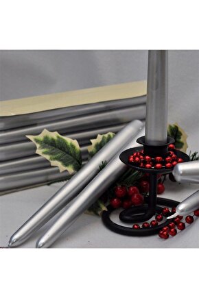 4 Adet Gümüş Varaklı Gri Renk Silindir Konik Şamdan Mumu Sedefli Uzun Ince Konik 4lü 2x25 Cm