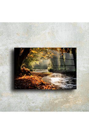 Cam Duvar Tablosu Sonbahar Nehir Manzarası