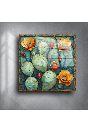 Kaktüs Desenli Cam Duvar Tablosu