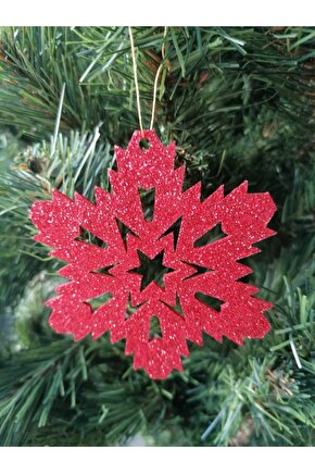 Kırmızı Kar Tanesi Simli Eva Ağaç Ve Hediye Süsü 8x8cm 6lı
