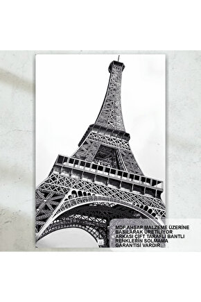 fransa paris eyfel kulesi siyah beyaz fotoğraf retro ahşap poster tablo