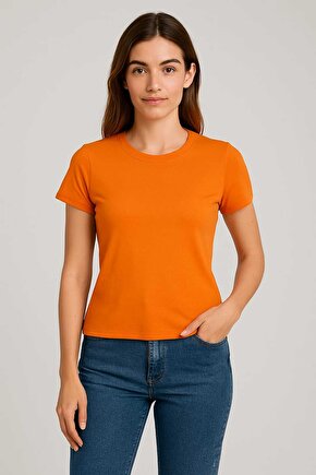 Kadın Bisiklet Yaka Likralı Kısa Kol T-Shirt Turuncu (portakal) Cam Göbeği (turkuaz)