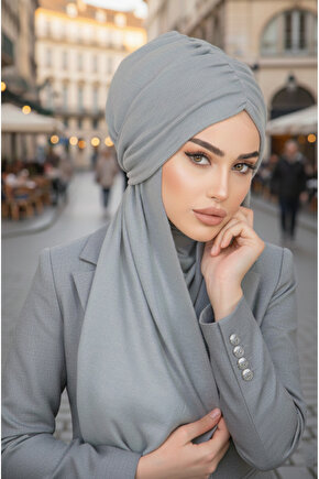 Gri Triko Kelebek Model Büzgülü Bone Şal