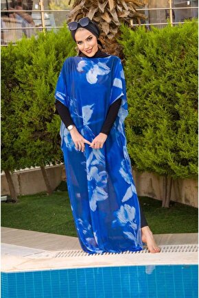 Saks Mavi Desenli Tesettür Pareo