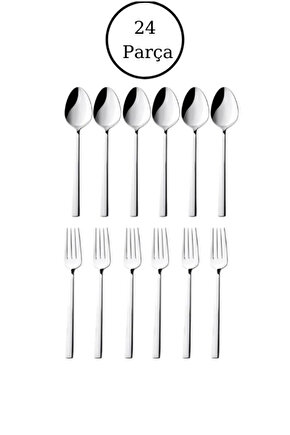 24 Parça 12 Kişilik Çubuk Model Tatlı Kaşık - Tatlı Çatalı