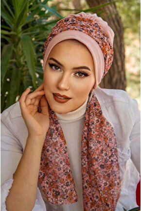 Pudra Bahar Çiçek Desen Fularlı Bone