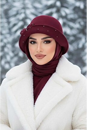 Bordo Taş Detay Vintage Şapka