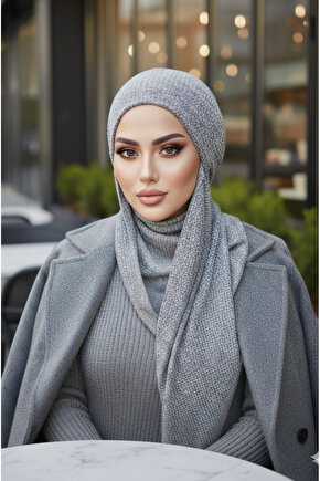 Gri Beyaz Desenli Kışlık Kelebek Bone Şal