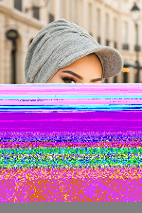 Gri Triko Büzgülü Tesettür Şapka Ve Etol Takım