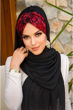 Siyah Kırmızı Burgu Hazır Şal