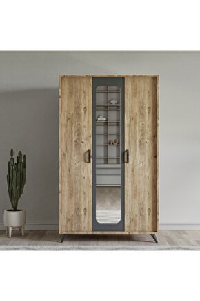 Lotuss 3 Kapılı Aynalı Gardrop Çam-Antrasit