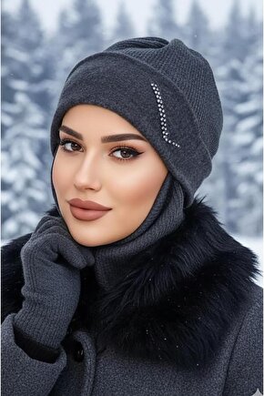 Antrasit Taşlı Maskeli Bere