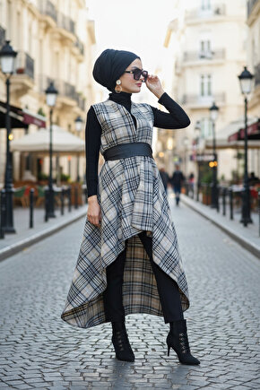 Bej Siyah Ekoseli Yelek