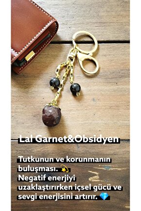 Doğal Taş Lal Garnet Obsidyen Anahtarlık Koruma ve Liderlik Enerjisi Çelik ve Altin Kaplama