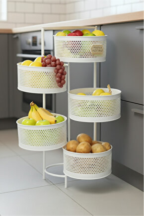 Kule Sebzelik 5 Katlı Tepsili Açılır Metal Patates Soğan Meyvelik Sepetli Rafı Beyaz
