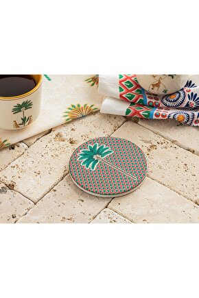 Exotic Palm Seramik Bardak Altlığı 10,8 Cm Pembe - Yeşil