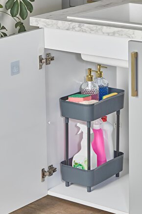 Düzenleyici 2 Katlı Gri Raf -Dolap İçi & Tezgah Üstü Banyo Deterjanlık Mutfak Evye Altı Organizer