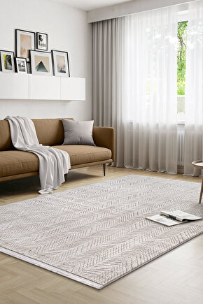 Yalın Modern Dokuma Halı Kaymaz Tabanlı Yıkanabilir Salon ve Oturma Odası Halısı 5577 Krem