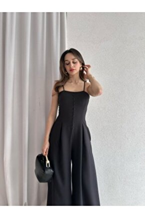 Kadın Askılı Kare Yaka Düğme Detaylı Tulum