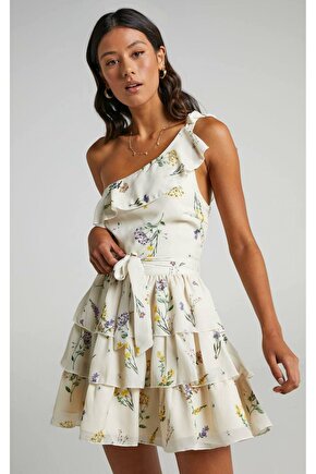 Kadın Kat Etek Tek Omuz Bağlamalı Krep Kumaş Beyaz Mini Elbise