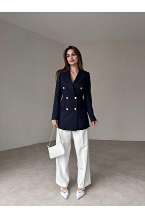 Kadın Çift Düğme Atlas Kumaş Ceket