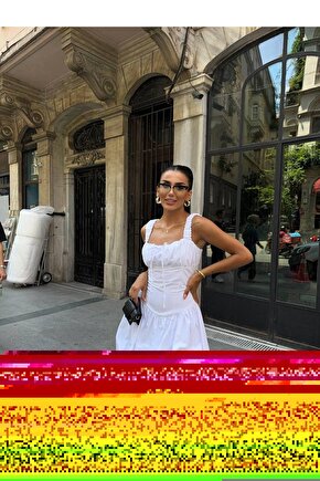 Balon Etek Kare Yaka Kalın Askılı Poplin Kumaş Mini Beyaz Elbise