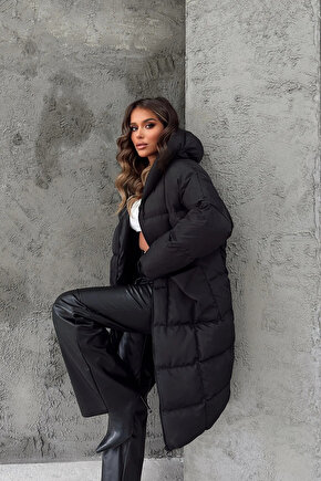 Kapüşonlu Uzun Oversize Şişme Kadın Mont - Siyah
