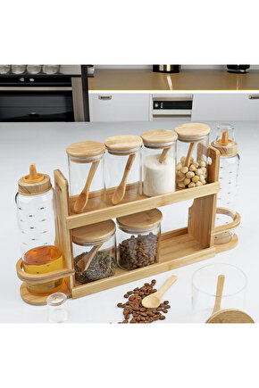 Bambulu Cam Baharatlık & Yağlık Seti – Kaşıklı Standlı 9 Parça Düzenleyici