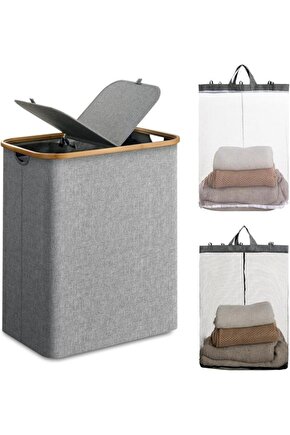 Mien Bambu Kenarlı Kumaş Katlanabilir 100 Lt Çamaşır Sepeti 54x33x58