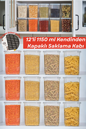 12 Adet 24 Parça Etiketli Kendinden Kapaklı Erzak Dondurucu Baharat Saklama Kabı Seti 1,15 Litre