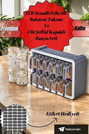 12li Standlı Kendinden Yapışkanlı Kapaklı Kaşıklı Baharatlık Takımı Ve 4lü Şeffaf Kapaklı Banyo Seti
