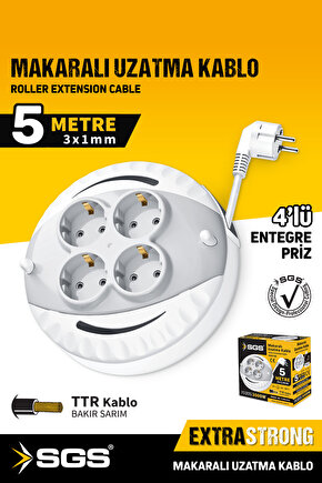 Sgs2190 Makaralı Uzatma Kablo 4 Lü 5 Metre 3x1mm 3000 Watt