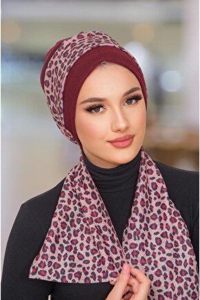 Bordo Leopar Desen Fularlı Bone
