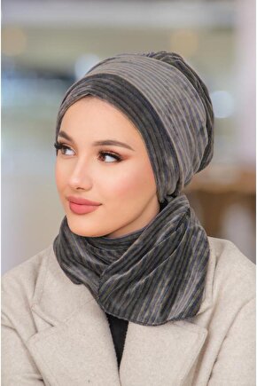 Antrasit Çizgili Kadife Atkılı Tesettür Bone