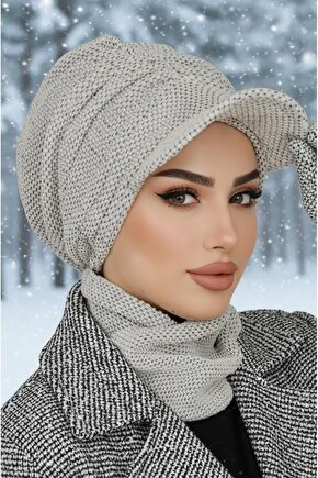 Kırık Beyaz Petek Desen Tesettür Şapka ve Etol Takım