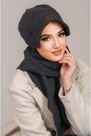 Antrasit Fiyonklu Atkılı Tesettür Şapka