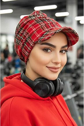 Kırmızı Ekose Desen Tesettür Şapka