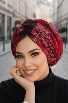 Kırmızı Siyah Büzgülü Dolama Bone